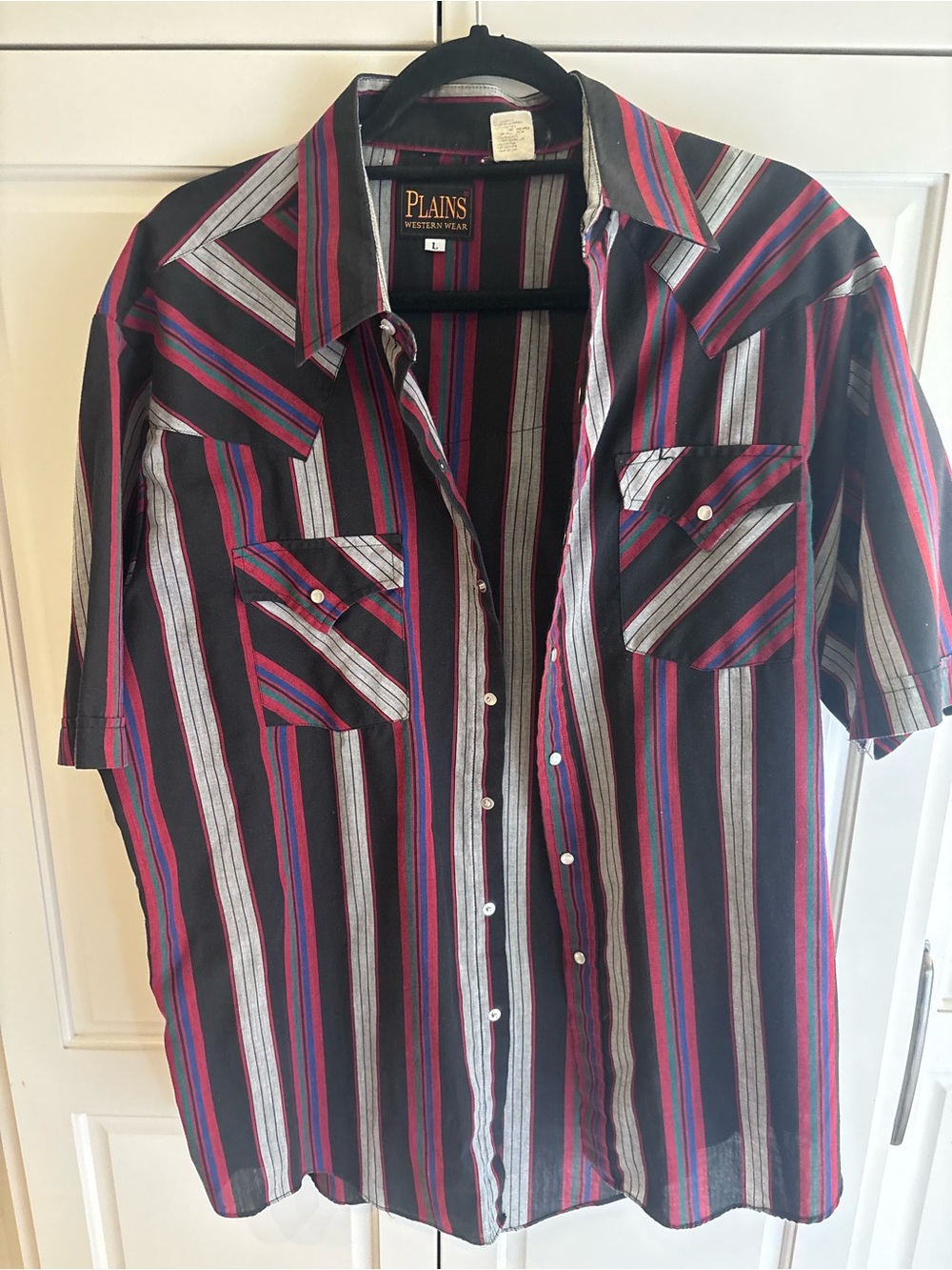 Mens Short-Sleeve Button-Up Shirt - Black with Red & Gray Stripes plains western